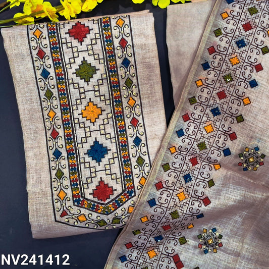 CODE NV241412 : Rich beige with golden tint designer tissue linen unstitched salwar material, block printed yoke with thread& sequins work(lining needed)matching santoon bottom, printed tissue lined dupatta with thread& sequins work.