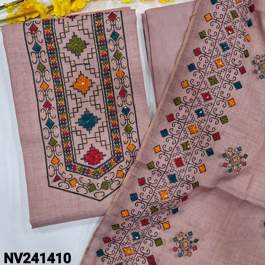 CODE NV241410 : Pastel pink with golden tint designer tissue linen unstitched salwar material, block printed yoke with thread& sequins work(lining needed)matching santoon bottom, printed tissue lined dupatta with thread& sequins work.