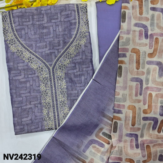 CODE NV242319 : Lavender with golden tint abstract printed tissue silk cotton unstitched salwar material, zari &sequins work on yoke(thin fabric, lining needed)dark brown silky bottom, printed tissue silk cotton dupatta