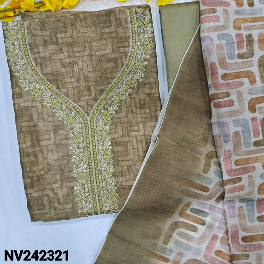 CODE NV242321 : Olive green with golden tint abstract printed tissue silk cotton unstitched salwar material, zari &sequins work on yoke(thin fabric, lining needed)matching silky bottom, printed tissue silk cotton dupatta