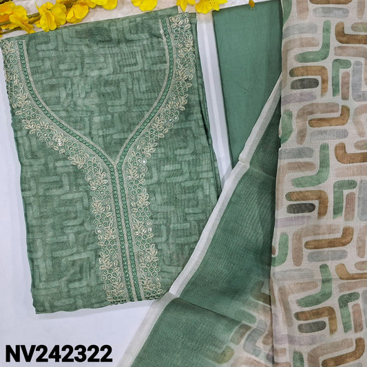 CODE NV242322 : Light teal green with golden tint abstract printed tissue silk cotton unstitched salwar material, zari &sequins work on yoke(thin fabric, lining needed)matching silky bottom, printed tissue silk cotton dupatta