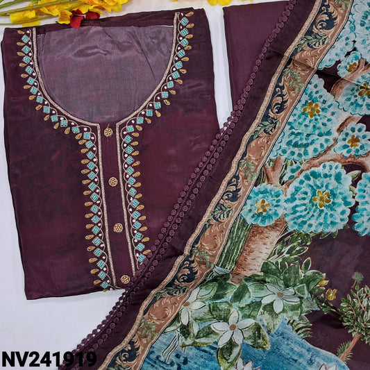 CODE NV241919 : Beetroot purple digital printed pure russian silk unstitched salwar material, zari, bead& fancy buttons on yoke(shiny fabric, lining needed)matching santoon bottom, printed short width pure chinon silk dupatta with lace tapings.