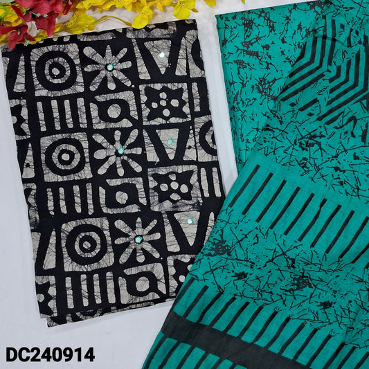 CODE DC240914 : Black base original batik dyed pure cotton unstitched salwar material, faux mirror work on front(lining optional)turquoise blue printed soft cotton bottom, printed pure soft cotton dupatta(REQUIRES TAPINGS).