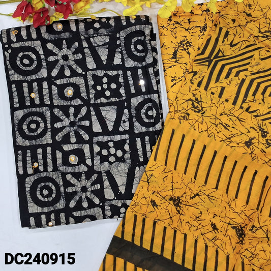 CODE DC240915 : Black base original batik dyed pure cotton unstitched salwar material, faux mirror work on front(lining optional)yellow printed soft cotton bottom, printed pure soft cotton dupatta(REQUIRES TAPINGS)..