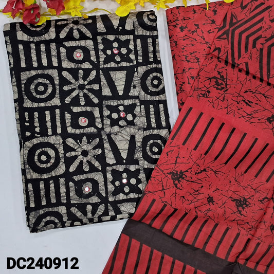 CODE DC240912 : Black base original batik dyed pure cotton unstitched salwar material, faux mirror work on front(lining optional)red printed soft cotton bottom, printed pure soft cotton dupatta(REQUIRES TAPINGS).