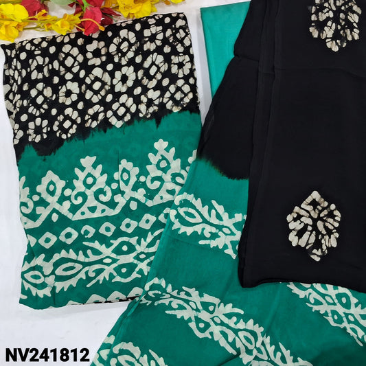 CODE NV241812 : Black original batik dyed pure crepe georgette unstitched salwar material(thin fabric, lining needed)turquoise green daman, turquoise green silky bottom, pure crepe georgette dupatta with batik design.