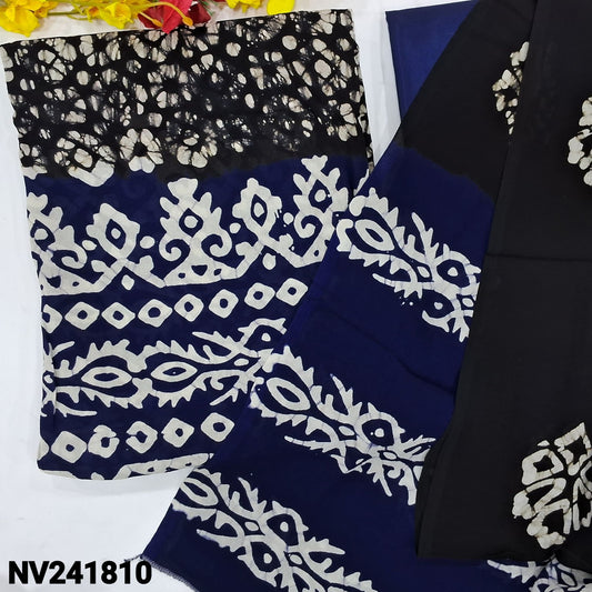 CODE NV241810 : Black original batik dyed pure crepe georgette unstitched salwar material(thin fabric, lining needed)dark blue daman, dark blue silky bottom, pure crepe georgette dupatta with batik design.