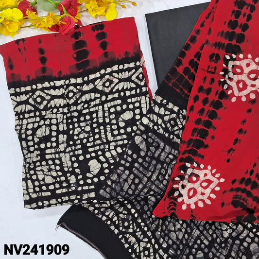 CODE NV241909 : Red original batik dyed pure crepe georgette unstitched salwar material(thin fabric, lining needed)matching silky bottom, pure crepe georgette dupatta with batik design.