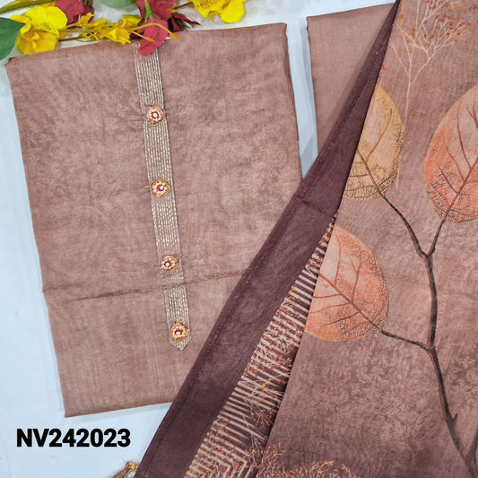 CODE NV242023 : Chocolate brown with golden tint printed tissue silk cotton unstitched salwar material, fancy buttons on yoke(thin fabric, lining needed)matching santoon bottom, printed tissue silk cotton full length dupatta.