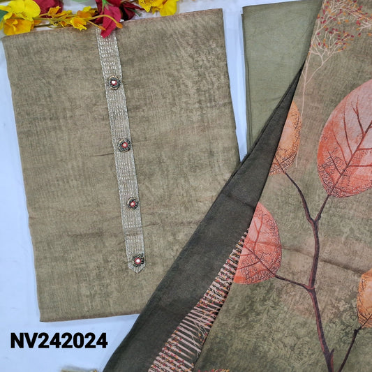 CODE NV242024 : Cardamom green with golden tint printed tissue silk cotton unstitched salwar material, fancy buttons on yoke(thin fabric, lining needed)matching santoon bottom, printed tissue silk cotton full length dupatta.