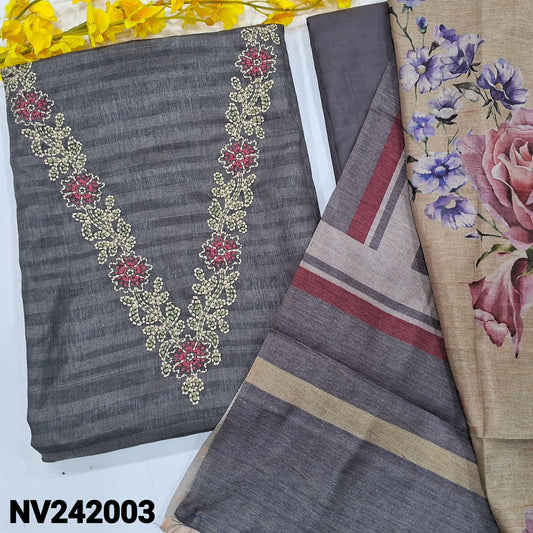 CODE NV242003 : Grey fancy silk cotton unstitched salwar material, v neck with embroidered(thin fabric, lining needed)matching silky bottom, floral printed fancy silk cotton dupatta.