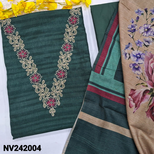 CODE NV242004 : Dark green fancy silk cotton unstitched salwar material, v neck with embroidered(thin fabric, lining needed)matching silky bottom, floral printed fancy silk cotton dupatta.