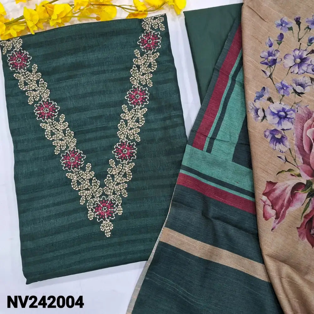 CODE NV242004: Dark green fancy silk cotton unstitched salwar material v neck with embroidered(thin fabric lining