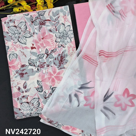 CODE NV242720 : White base PINK  floral printed soft kantha cotton unstitched salwar material, fancy buttons on yoke(lining optional)pastel  pink cotton bottom, brush painted chiffon dupatta.