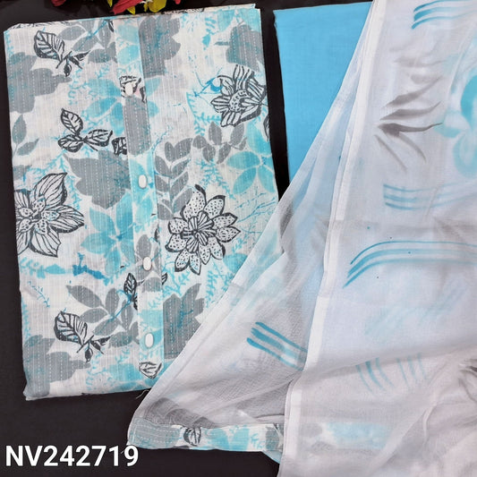 CODE NV242719 : White base BLUE floral printed soft kantha cotton unstitched salwar material, fancy buttons on yoke(lining optional)light blue cotton bottom, brush painted chiffon dupatta.