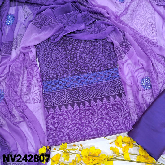 CODE NV242807 : Dark& light purple block printed fancy super net unstitched salwar material, crochet lace work on yoke(netted fabric, lining needed)matching silk cotton bottom, dual shaded block printed chiffon dupatta with crochet lace work.