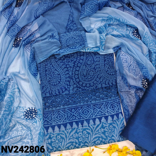 CODE NV242806 : Dark& light blue block printed fancy super net unstitched salwar material, crochet lace work on yoke(netted fabric, lining needed)matching silk cotton bottom, dual shaded block printed chiffon dupatta with crochet lace work.