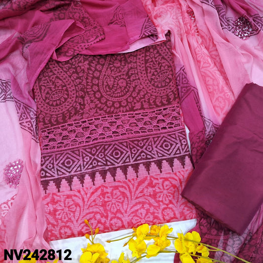 CODE NV242812 : Peachish pink& maroon block printed fancy super net unstitched salwar material, crochet lace work on yoke(netted fabric, lining needed)matching silk cotton bottom, dual shaded block printed chiffon dupatta with crochet lace work.