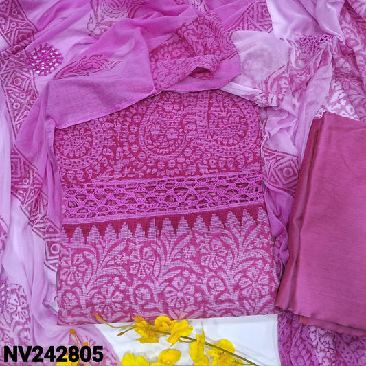 CODE NV242805 : Dark& light pink block printed fancy super net unstitched salwar material, crochet lace work on yoke(netted fabric, lining needed)matching silk cotton bottom, dual shaded block printed chiffon dupatta with crochet lace work.