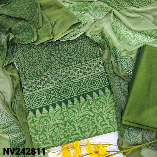 CODE NV242811 : Dark& light green block printed fancy super net unstitched salwar material, crochet lace work on yoke(netted fabric, lining needed)matching silk cotton bottom, dual shaded block printed chiffon dupatta with crochet lace work.