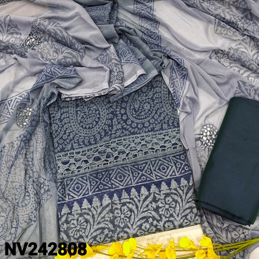 CODE NV242808 : Dark& light grey block printed fancy super net unstitched salwar material, crochet lace work on yoke(netted fabric, lining needed)dark teal greenish grey silk cotton bottom, dual shaded block printed chiffon dupatta with crochet lace work.