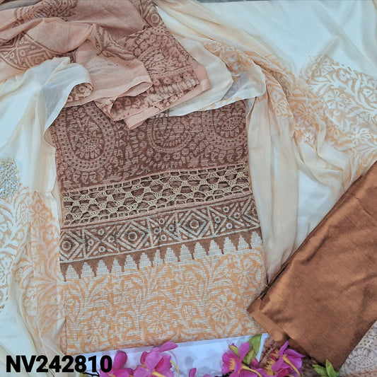 CODE NV242810 : Beige &brown block printed fancy super net unstitched salwar material, crochet lace work on yoke(netted fabric, lining needed)matching silk cotton bottom, dual shaded block printed chiffon dupatta with crochet lace work.