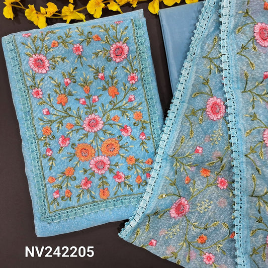 CODE NV242205 : Sky blue noil unstitched salwar material, rich embroidered on yoke(netted fabric, lining needed)matching silky bottom, embroidered noil dupatta with lace tapings.