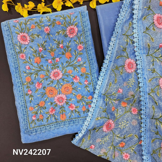 CODE NV242207 : Powder blue noil unstitched salwar material, rich embroidered on yoke(netted fabric, lining needed)matching silk cotton bottom, embroidered noil dupatta with lace tapings.