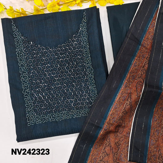 CODE NV242323 : Dark teal blue fancy silk cotton unstitched salwar material, bead work on yoke, self weaving design all over, printed on back(thin fabric, lining needed)matching silky bottom, fancy silk cotton dupatta with printed borders.