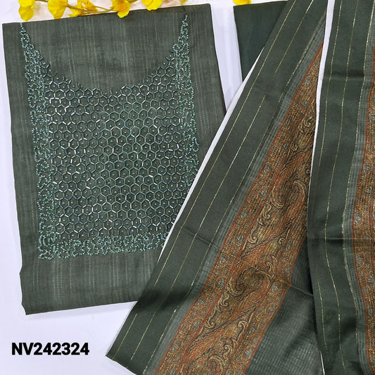 CODE NV242324 : Dark cement green fancy silk cotton unstitched salwar material, bead work on yoke, self weaving design all over, printed on back(thin fabric, lining needed)matching silky bottom, fancy silk cotton dupatta with printed borders.