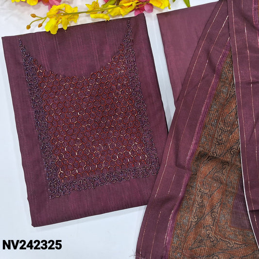 CODE NV242325 : Beetroot purple fancy silk cotton unstitched salwar material, bead work on yoke, self weaving design all over, printed on back(thin fabric, lining needed)matching silky bottom, fancy silk cotton dupatta with printed borders.