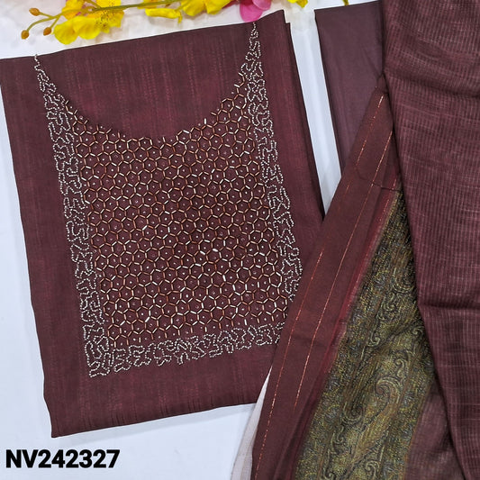 CODE NV242327 : Maroon fancy silk cotton unstitched salwar material, bead work on yoke, self weaving design all over, printed on back(thin fabric, lining needed)matching silky bottom, fancy silk cotton dupatta with printed borders.