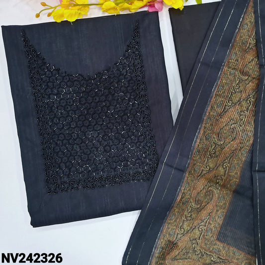 CODE NV242326 : Black fancy silk cotton unstitched salwar material, bead work on yoke, self weaving design all over, printed on back(thin fabric, lining needed)matching silky bottom, fancy silk cotton dupatta with printed borders.