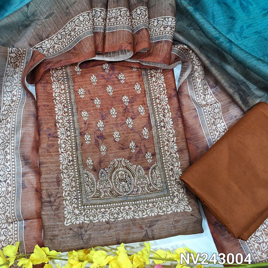 CODE NV243004 : Light brown& blue dual shaded digital printed fancy silk cotton unstitched salwar material, zardozi& bead work on yoke(thin fabric, lining needed)brown silky bottom, dual shaded fancy silk cotton dupatta.