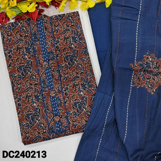 CODE DC240213 : Dark maroon printed pure cotton unstitched salwar material, fancy buttons on yoke(lining optional)blue cotton bottom, fancy soft silk cotton dupatta with kantha stitapplique work& tapings.