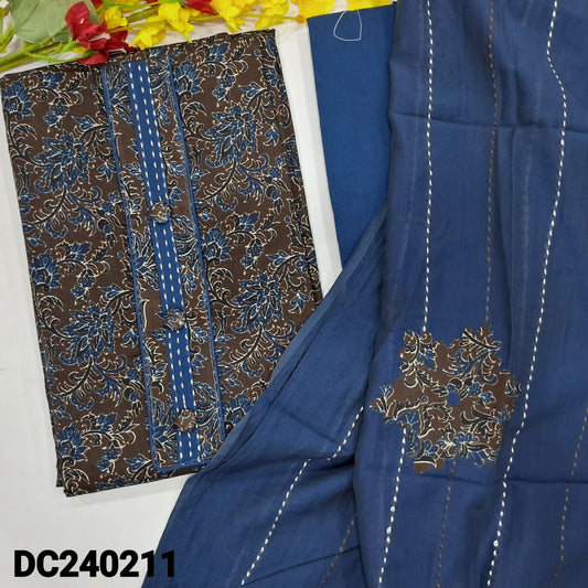 CODE DC240211 : Dark grey printed pure cotton unstitched salwar material, fancy buttons on yoke(lining optional)blue cotton bottom, fancy soft silk cotton dupatta with kantha stitapplique work& tapings.