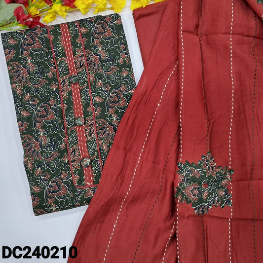 CODE DC240210 : Dark green printed pure cotton unstitched salwar material, fancy buttons on yoke(lining optional)maroon cotton bottom, fancy soft silk cotton dupatta with kantha stitapplique work& tapings.