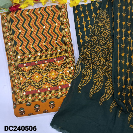 CODE DC240506 : Mehandhi yellow block printed pure soft cotton unstitched salwar material, faux mirror work on yoke(lining optional)dark green block printed cotton bottom, block printed soft mul cotton dupatta(REQUIRES TAPINGS).