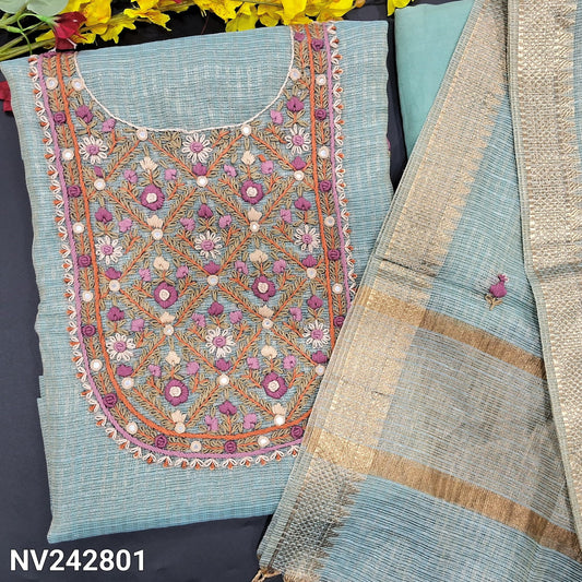 CODE NV242801 : Pastel blue designer tissue kota silk cotton unstitched salwar material, heavy hand embroidered on yoke(thin fabric, lining needed)matching santoon bottom, tissue kota silk cotton full length dupatta with embroidered& zari borders.