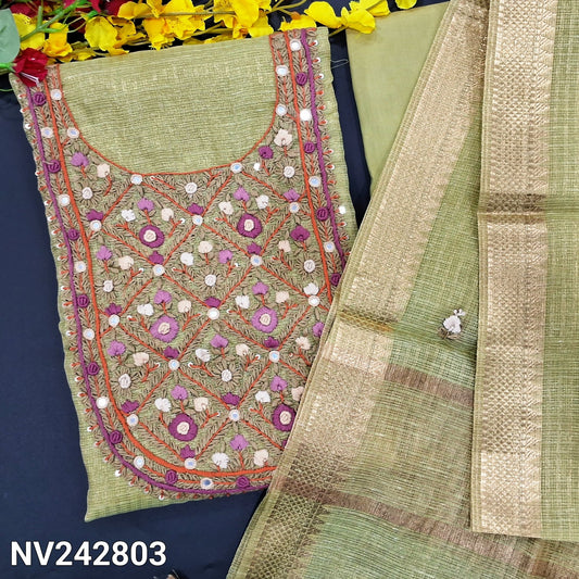 CODE NV242803 : Pastel green designer tissue kota silk cotton unstitched salwar material, heavy hand embroidered on yoke(thin fabric, lining needed)matching santoon bottom, tissue kota silk cotton full length dupatta with embroidered& zari borders.