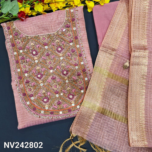 CODE NV242802 : Pastel pink designer tissue kota silk cotton unstitched salwar material, heavy hand embroidered on yoke(thin fabric, lining needed)matching santoon bottom, tissue kota silk cotton full length dupatta with embroidered& zari borders.