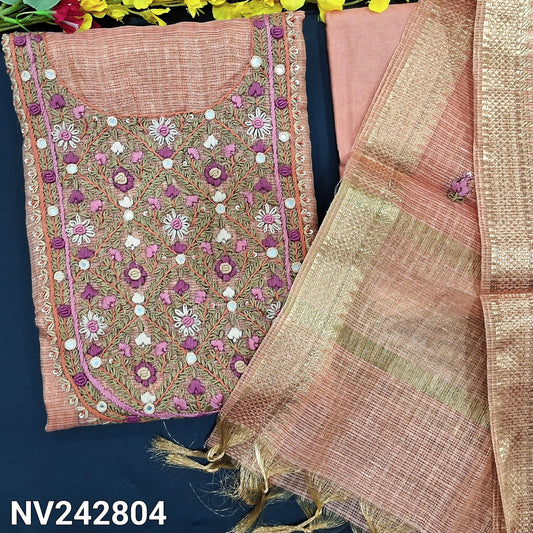 CODE NV242804 : Pastel peach designer tissue kota silk cotton unstitched salwar material, heavy hand embroidered on yoke(thin fabric, lining needed)matching santoon bottom, tissue kota silk cotton full length dupatta with embroidered& zari borders.