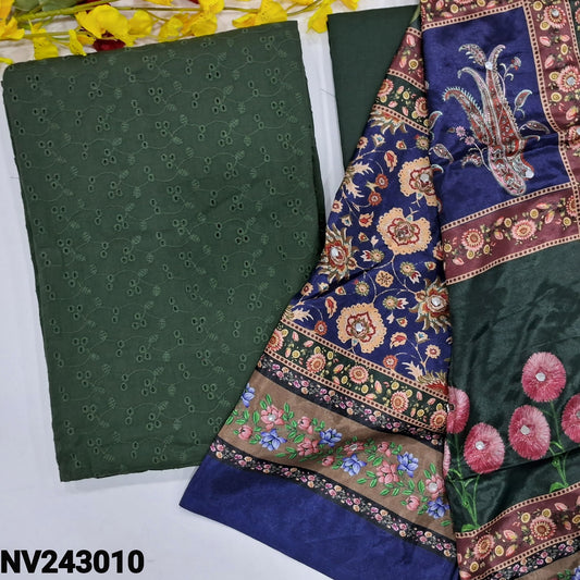 CODE NV243010 : Dark green schiffli embroidered premium cotton unstitched salwar material(thin fabric, lining needed)matching cotton bottom, digital printed fancy silk dupatta with real mirror work.