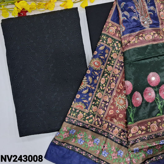 CODE NV243008 : Black schiffli embroidered premium cotton unstitched salwar material(thin fabric, lining needed)matching cotton bottom, digital printed fancy silk dupatta with real mirror work.