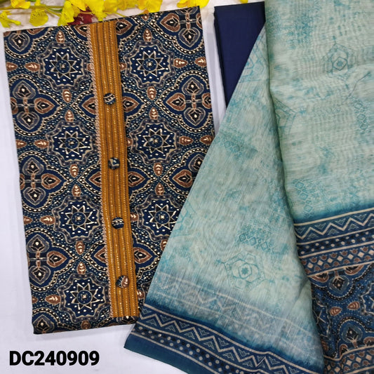 CODE DC240909 : Dark blue base ajrak printed satin cotton unstitched salwar material, fancy buttons on yoke(lining optional)matching cotton bottom, digital printed silk cotton dupatta.