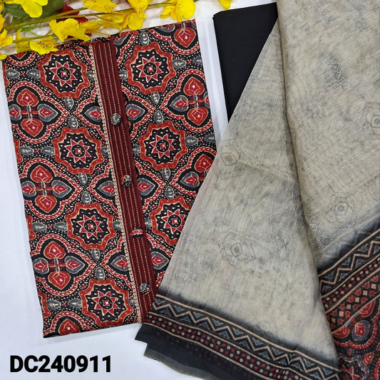 CODE DC240911 : Black base ajrak printed satin cotton unstitched salwar material, fancy buttons on yoke(lining optional)matching cotton bottom, digital printed silk cotton dupatta.