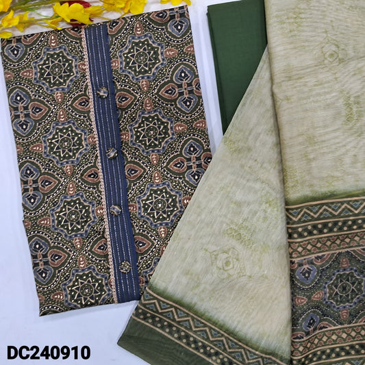 CODE DC240910 : Dark green base ajrak printed satin cotton unstitched salwar material, fancy buttons on yoke(lining optional)matching cotton bottom, digital printed silk cotton dupatta.