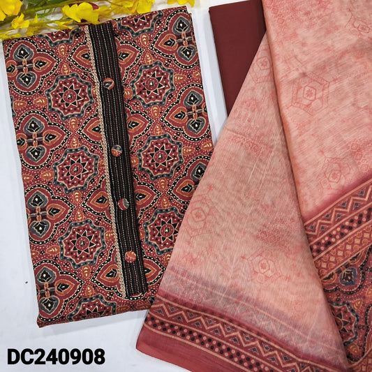 CODE DC240908 : Dark maroon base ajrak printed satin cotton unstitched salwar material, fancy buttons on yoke(lining optional)matching cotton bottom, digital printed silk cotton dupatta.