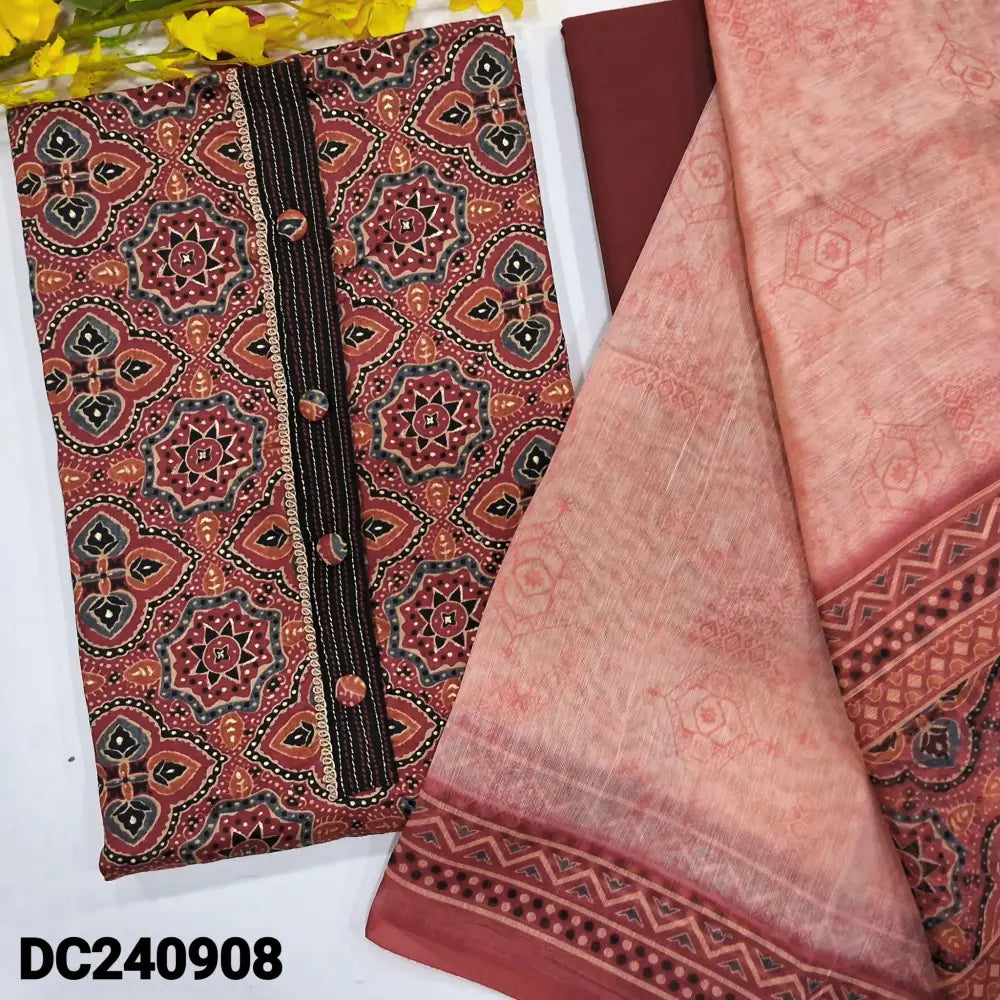 CODE DC240908: Dark maroon base ajrak printed satin cotton unstitched salwar material fancy buttons on yoke(lining