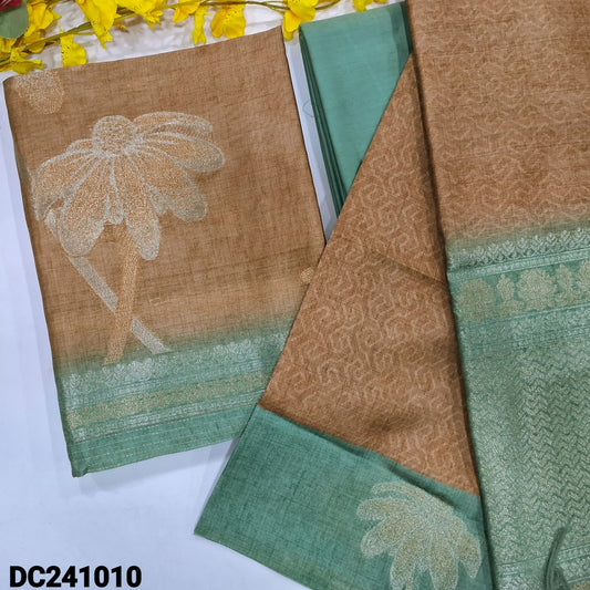 CODE DC241010 : Beige digital printed jamdani woven premium silk cotton unstitched salwar material(thin fabric, lining needed)sea green premium cotton bottom, dual shaded digital printed premium silk cotton dupatta with rich pallu.